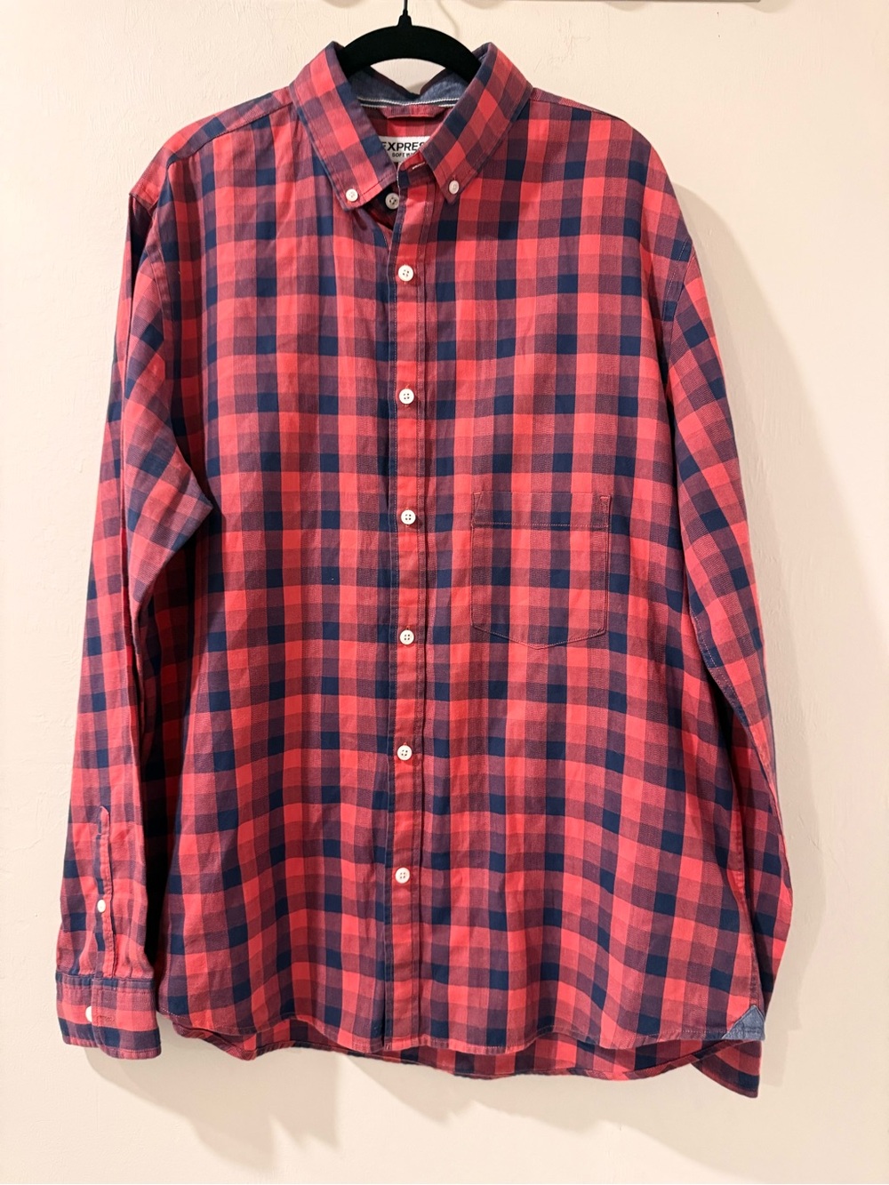 Express Red and Navy Plaid Button-Up‎ Shirt